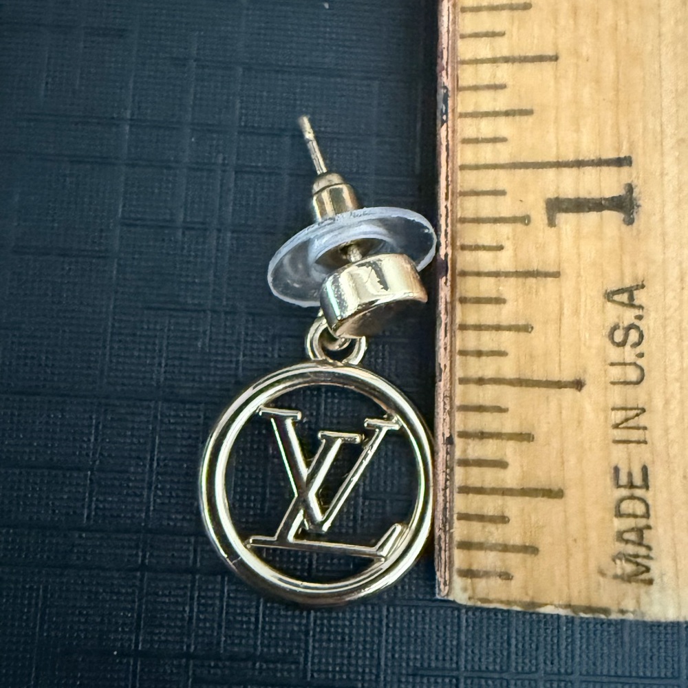 Luxury LV Monogram Button Pull Earrings – Gold-Tone Upcycled Jewelry - Picture 3 of 3